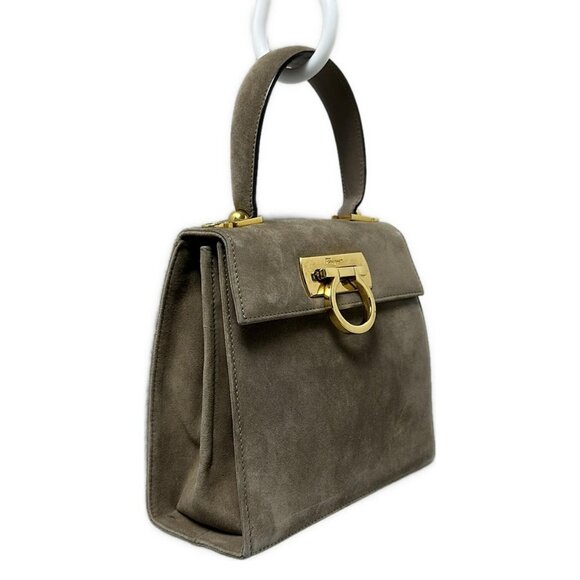 Auth Salvatore Ferragamo Gancini - Gray Beige Suede Handbag - Picture 4 of 9